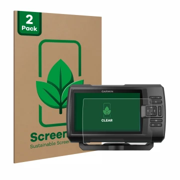 Front side of a product packaging with the brand logo ScreenLeaf. Next to it is the device Garmin Striker Plus 5cv shown with 