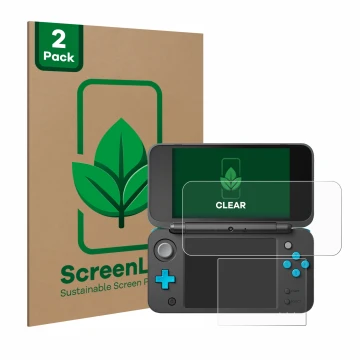 Front side of a product packaging with the brand logo ScreenLeaf. Next to it is the device New Nintendo 2DS XL shown with the 