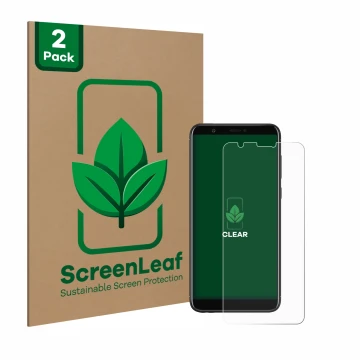 Front side of a product packaging with the brand logo ScreenLeaf. Next to it is the device Huawei P smart 2018 shown with the 