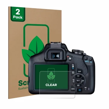 Front side of a product packaging with the brand logo ScreenLeaf. Next to it is the device Canon EOS 2000D shown with the corr