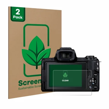 Front side of a product packaging with the brand logo ScreenLeaf. Next to it is the device Canon EOS M50 shown with the corres