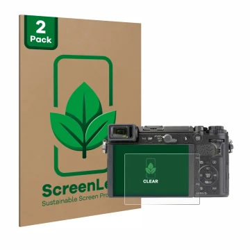 Front side of a product packaging with the brand logo ScreenLeaf. Next to it is the device Panasonic Lumix DC-GX9 shown with t
