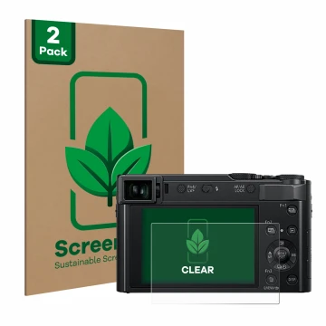 Front side of a product packaging with the brand logo ScreenLeaf. Next to it is the device Panasonic Lumix DC-TZ202 shown with
