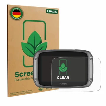 Front side of a product packaging with the brand logo ScreenLeaf. Next to it is the device TomTom Rider 500 shown with the cor
