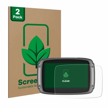 Front side of a product packaging with the brand logo ScreenLeaf. Next to it is the device TomTom Rider 550 shown with the cor
