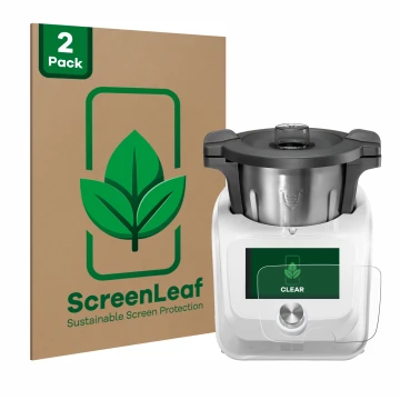 Front side of a product packaging with the brand logo ScreenLeaf. Next to it is the device SilverCrest Monsieur Cuisine Connec