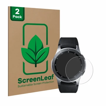 Front side of a product packaging with the brand logo ScreenLeaf. Next to it is the device Samsung Galaxy Watch (46 mm) shown 