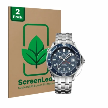Front side of a product packaging with the brand logo ScreenLeaf. Next to it is the device Omega Seamaster Diver (41 mm) shown