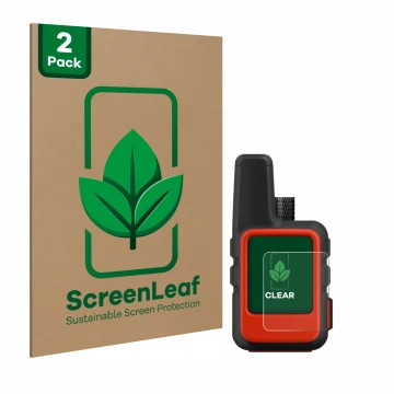 Front side of a product packaging with the brand logo ScreenLeaf. Next to it is the device Garmin inReach Mini shown with the 
