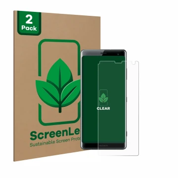 Front side of a product packaging with the brand logo ScreenLeaf. Next to it is the device Sony Xperia XZ3 shown with the corr