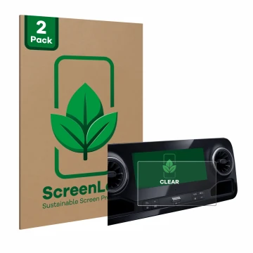 Front side of a product packaging with the brand logo ScreenLeaf. Next to it is the device Mercedes-Benz Sprinter 2018 MBUX 7