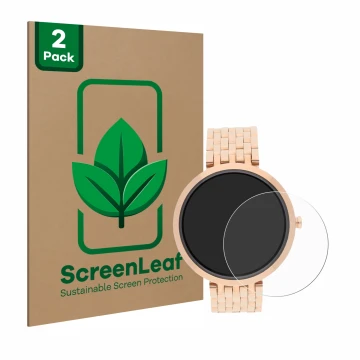 Front side of a product packaging with the brand logo ScreenLeaf. Next to it is the device Xlyne X-Watch Siona XW Fit shown wi