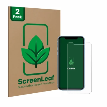 Front side of a product packaging with the brand logo ScreenLeaf. Next to it is the device Apple iPhone XR shown with the corr