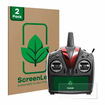 Front side of a product packaging with the brand logo ScreenLeaf. Next to it is the device VBar Control Touch shown with the c
