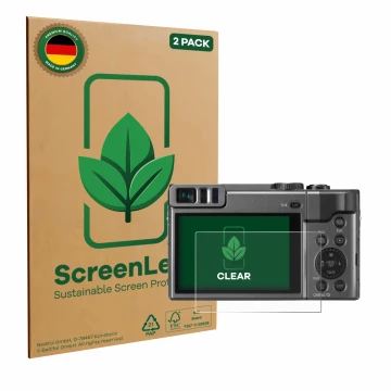 Front side of a product packaging with the brand logo ScreenLeaf. Next to it is the device Panasonic Lumix DC-TZ90 shown with 
