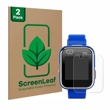 Front side of a product packaging with the brand logo ScreenLeaf. Next to it is the device Vtech Kidizoom Smart Watch DX2 show