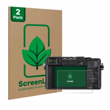 Front side of a product packaging with the brand logo ScreenLeaf. Next to it is the device Panasonic Lumix DC-LX100 II shown w
