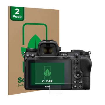 Front side of a product packaging with the brand logo ScreenLeaf. Next to it is the device Nikon Z 6 shown with the correspond