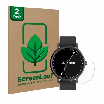 Front side of a product packaging with the brand logo ScreenLeaf. Next to it is the device Watches (Circular, ø: 37.5 mm) show