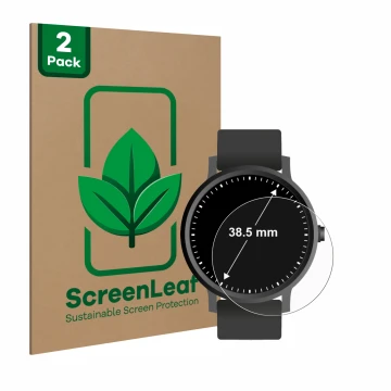 Front side of a product packaging with the brand logo ScreenLeaf. Next to it is the device Watches (Circular, ø: 38.5 mm) show