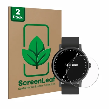 Front side of a product packaging with the brand logo ScreenLeaf. Next to it is the device Watches (Circular, ø: 34.5 mm) show