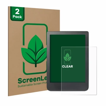 Front side of a product packaging with the brand logo ScreenLeaf. Next to it is the device Kobo Clara HD (6