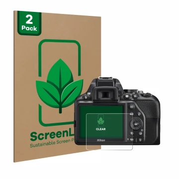 Front side of a product packaging with the brand logo ScreenLeaf. Next to it is the device Nikon D3500 shown with the correspo