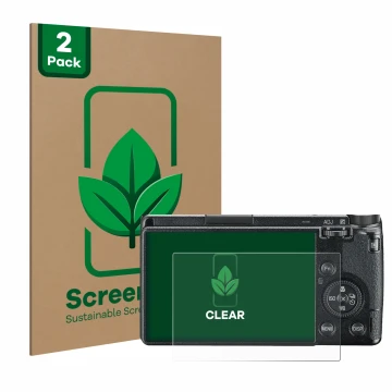 Front side of a product packaging with the brand logo ScreenLeaf. Next to it is the device Ricoh GR III 2019 R02010 shown with