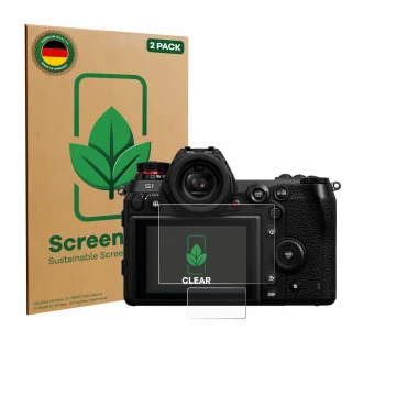 Front side of a product packaging with the brand logo ScreenLeaf. Next to it is the device Panasonic Lumix DC-S1 shown with th
