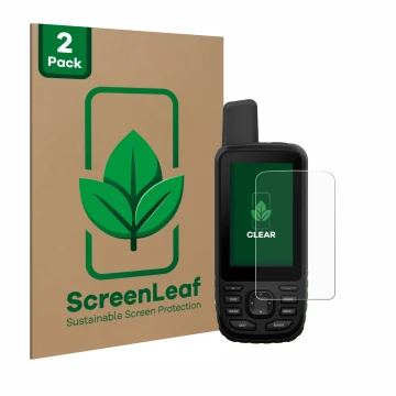 Front side of a product packaging with the brand logo ScreenLeaf. Next to it is the device Garmin GPSMAP 66s shown with the co