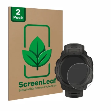 Front side of a product packaging with the brand logo ScreenLeaf. Next to it is the device Garmin Instinct shown with the corr