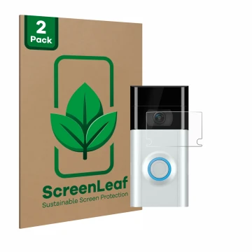 Front side of a product packaging with the brand logo ScreenLeaf. Next to it is the device Ring Doorbell 2 (Lens) shown with t