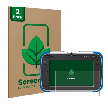 Front side of a product packaging with the brand logo ScreenLeaf. Next to it is the device Vtech Storio Max XL 2.0 shown with 