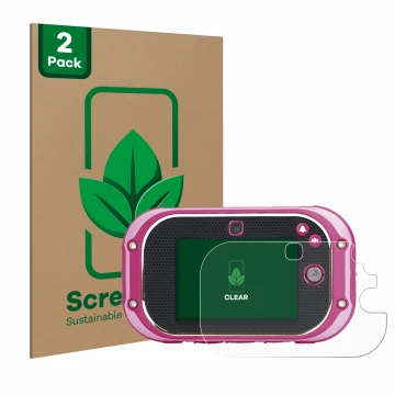 Front side of a product packaging with the brand logo ScreenLeaf. Next to it is the device Vtech Kidizoom Touch 5.0 2018 shown