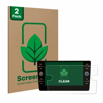 Front side of a product packaging with the brand logo ScreenLeaf. Next to it is the device Volkswagen Golf 7 2019 Discover Med