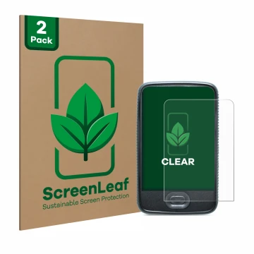 Front side of a product packaging with the brand logo ScreenLeaf. Next to it is the device Dexcom G6 Receiver CGM shown with t