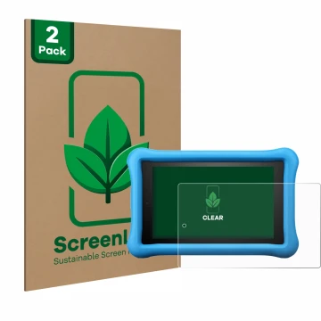 Front side of a product packaging with the brand logo ScreenLeaf. Next to it is the device Amazon Fire HD 8 Kids Edition 2018 