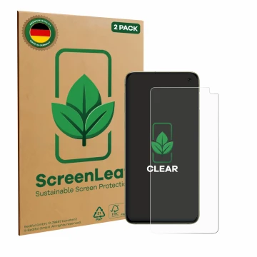 Front side of a product packaging with the brand logo ScreenLeaf. Next to it is the device Samsung Galaxy S10e shown with the 