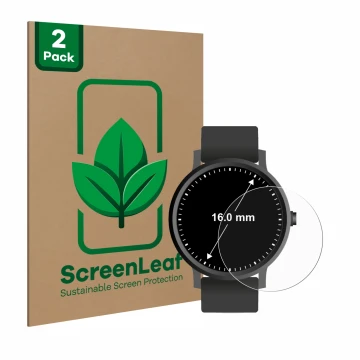 Front side of a product packaging with the brand logo ScreenLeaf. Next to it is the device Circular Displays (ø: 16 mm) shown 