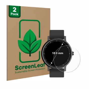 Front side of a product packaging with the brand logo ScreenLeaf. Next to it is the device Circular Displays (ø: 18 mm) shown 