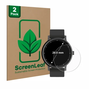 Front side of a product packaging with the brand logo ScreenLeaf. Next to it is the device Circular Displays (ø: 20 mm) shown 
