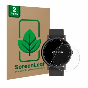 Front side of a product packaging with the brand logo ScreenLeaf. Next to it is the device Circular Displays (ø: 22 mm) shown 