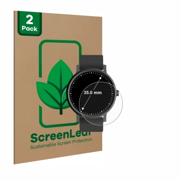 Front side of a product packaging with the brand logo ScreenLeaf. Next to it is the device Circular Displays (ø: 35 mm) shown 