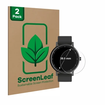 Front side of a product packaging with the brand logo ScreenLeaf. Next to it is the device Circular Displays (ø: 38 mm) shown 