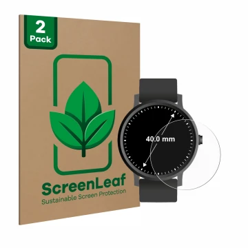 Front side of a product packaging with the brand logo ScreenLeaf. Next to it is the device Circular Displays (ø: 40 mm) shown 