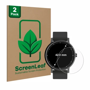 Front side of a product packaging with the brand logo ScreenLeaf. Next to it is the device Circular Displays (ø: 42 mm) shown 