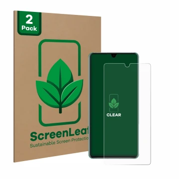 Front side of a product packaging with the brand logo ScreenLeaf. Next to it is the device Huawei P30 shown with the correspon