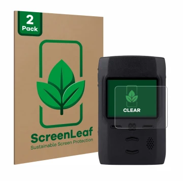Front side of a product packaging with the brand logo ScreenLeaf. Next to it is the device Motorola Advisor TPG2200 shown with