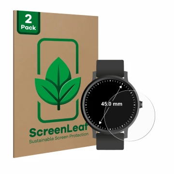 Front side of a product packaging with the brand logo ScreenLeaf. Next to it is the device Circular Displays (ø: 45 mm) shown 