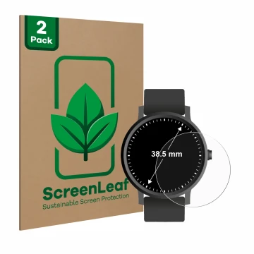 Front side of a product packaging with the brand logo ScreenLeaf. Next to it is the device Circular Displays (ø: 38.5 mm) show